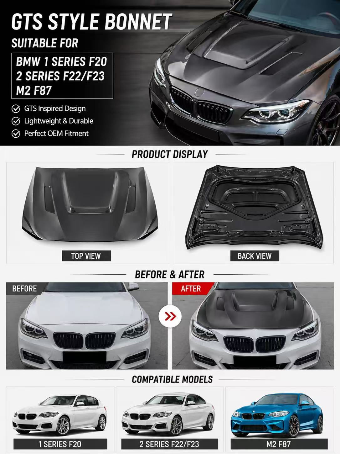 GTS Style Bonnet For BMW 1 Series F20 / 2 Series F22/F23 / M2 F87