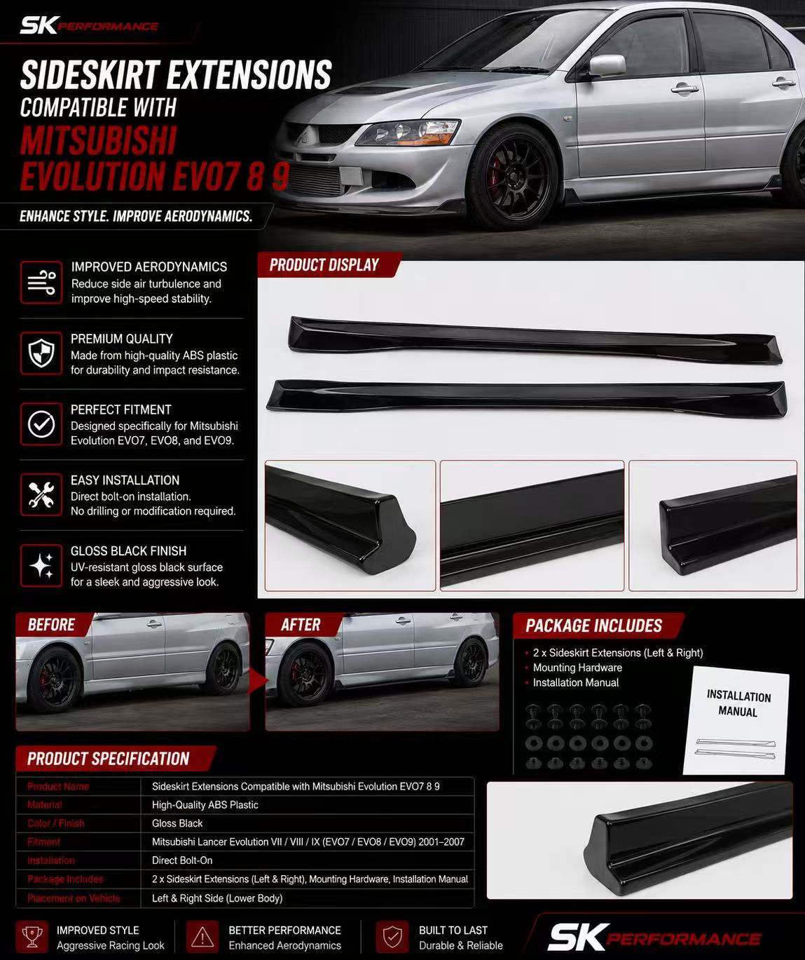 Sideskirt Extensions Compatible with Mitsubishi Evolution EVO7 8 9