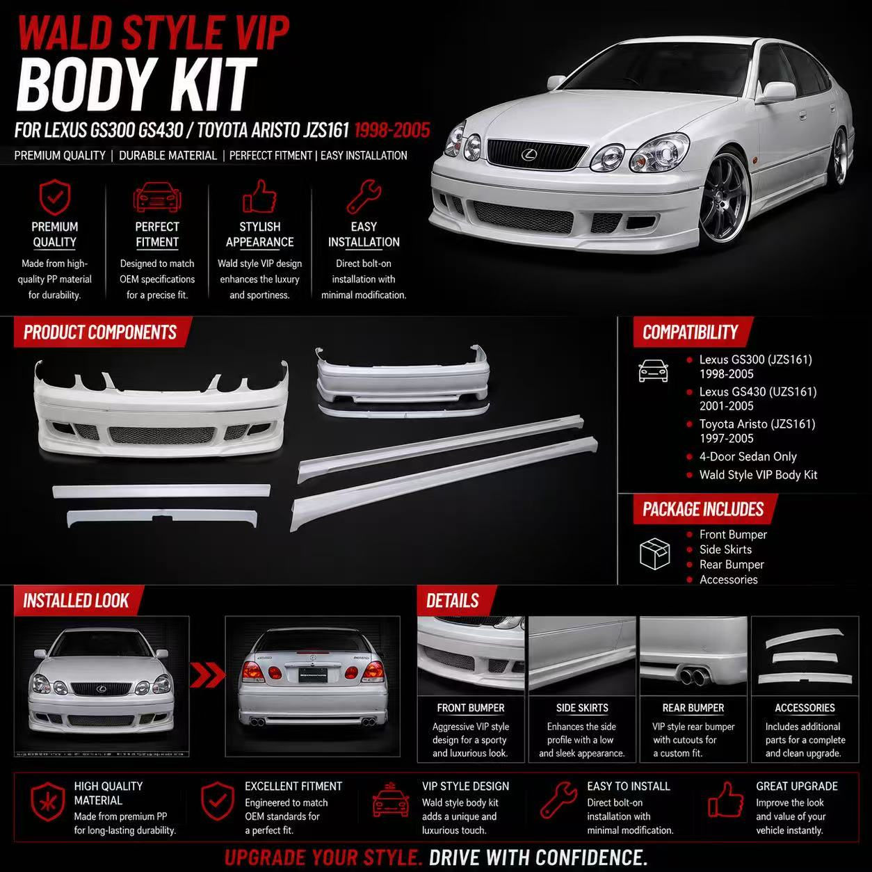 Wald Style VIP Body Kit For Lexus GS300 GS430 Toyota Aristo JZS161 1998-2005