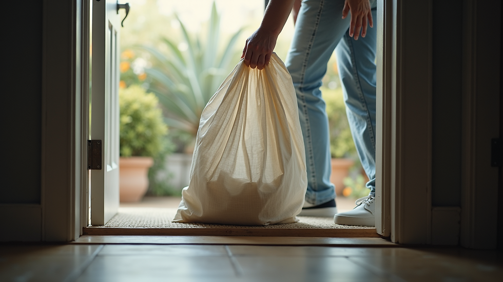 Eye-level view of a laundry bag being picked up from a doorstep