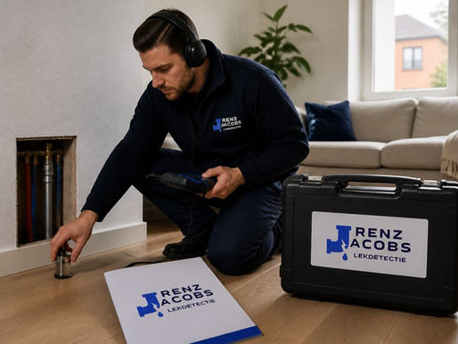 Technicus van Renz Jacobs Lekdetectie voert akoestische lekdetectie uit bij een geopende leidingnis in de woonkamer, met lekdetectierapport en meetapparatuur op de vloer.