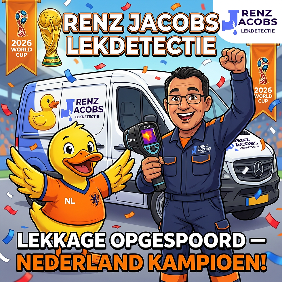 Een geïllustreerde promotieposter van Renz Jacobs Lekdetectie met een monteur in werkkleding die een FLIR-thermocamera vasthoudt, vergezeld van een oranje geklede cartoon eend met het NL-logo, voor een bedrijfsbus. 