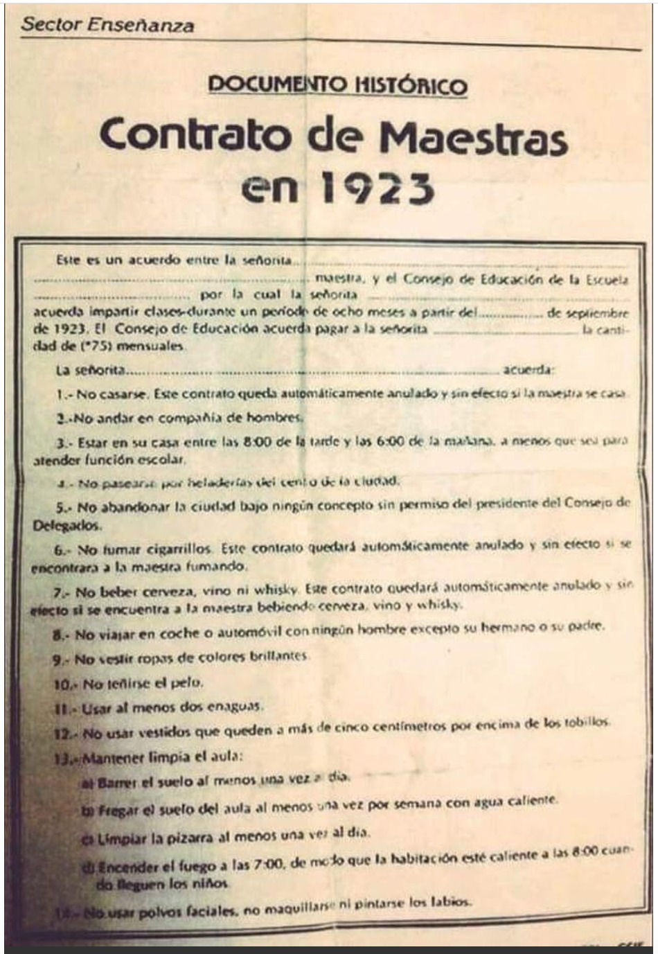 Contrato de maestras en 1923 en Chile