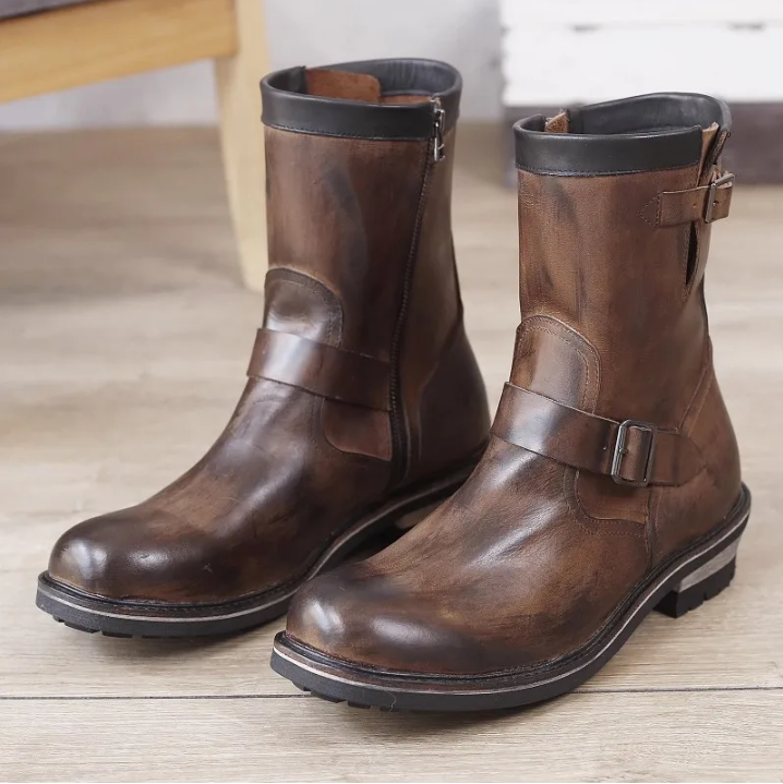 Thumbnail: Vintage Mens Cowhide Genuine Leather High Top Engineer Boots Buckle Round Toe Mo