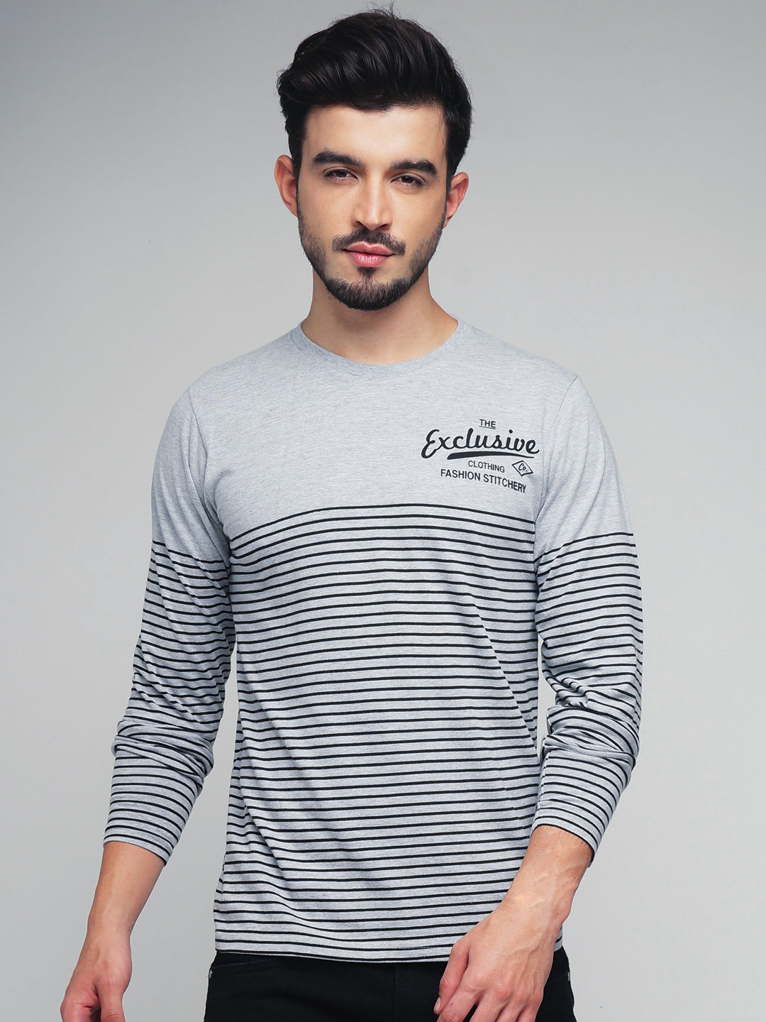 Grey Melange Striped Round Neck T-shirt