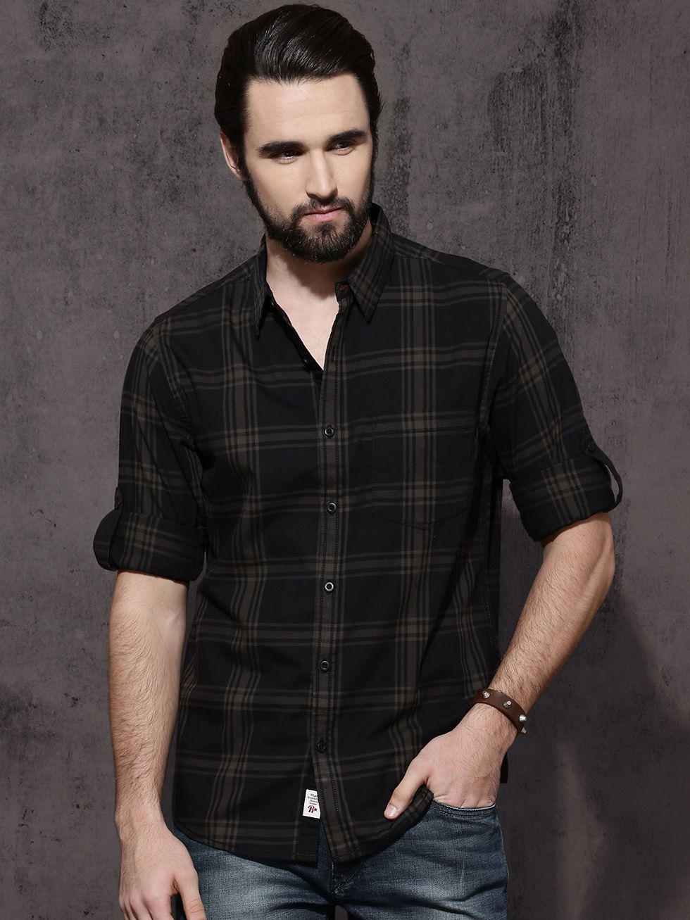 Thumbnail: Roadstar Black & Green Fitted Casual Shirt