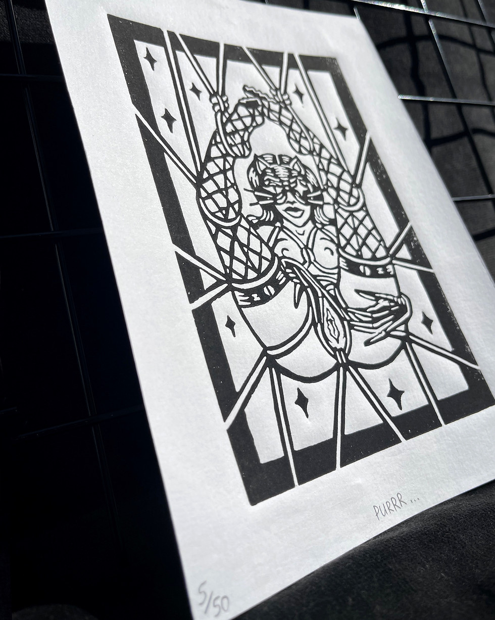 Thumbnail: 'Purrr...', | linocut print