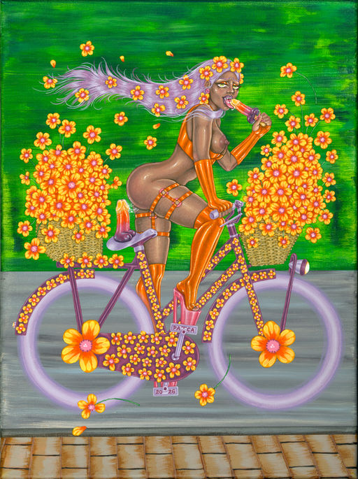 Joy Ride
2026
40x30 cm
Acrylic on canvas
€680,00
“I Love Hoe Land” is my love letter to the Netherlands, encapsulated in acrylic paintings on canvas. Captivated by the charm of this country, I soaked in every drop of inspiration. This series offers a glimpse into my experimentation with those ideas.
During my time here, I felt liberated and empowered to dive deep into my curiosity for vulgar yet sensual themes. This is a nod to popular tourist attractions. It aims to relate to and connect with the audience through recognizable motifs, enveloped in my larger-than-life female characters.
It is a painting series for curious and excitement-seeking viewers. I choose highly suggestive imagery to contrast with the warm, romantic ambiance. A playful and vivid world of heightened sensations, telling tales about the art of seduction."