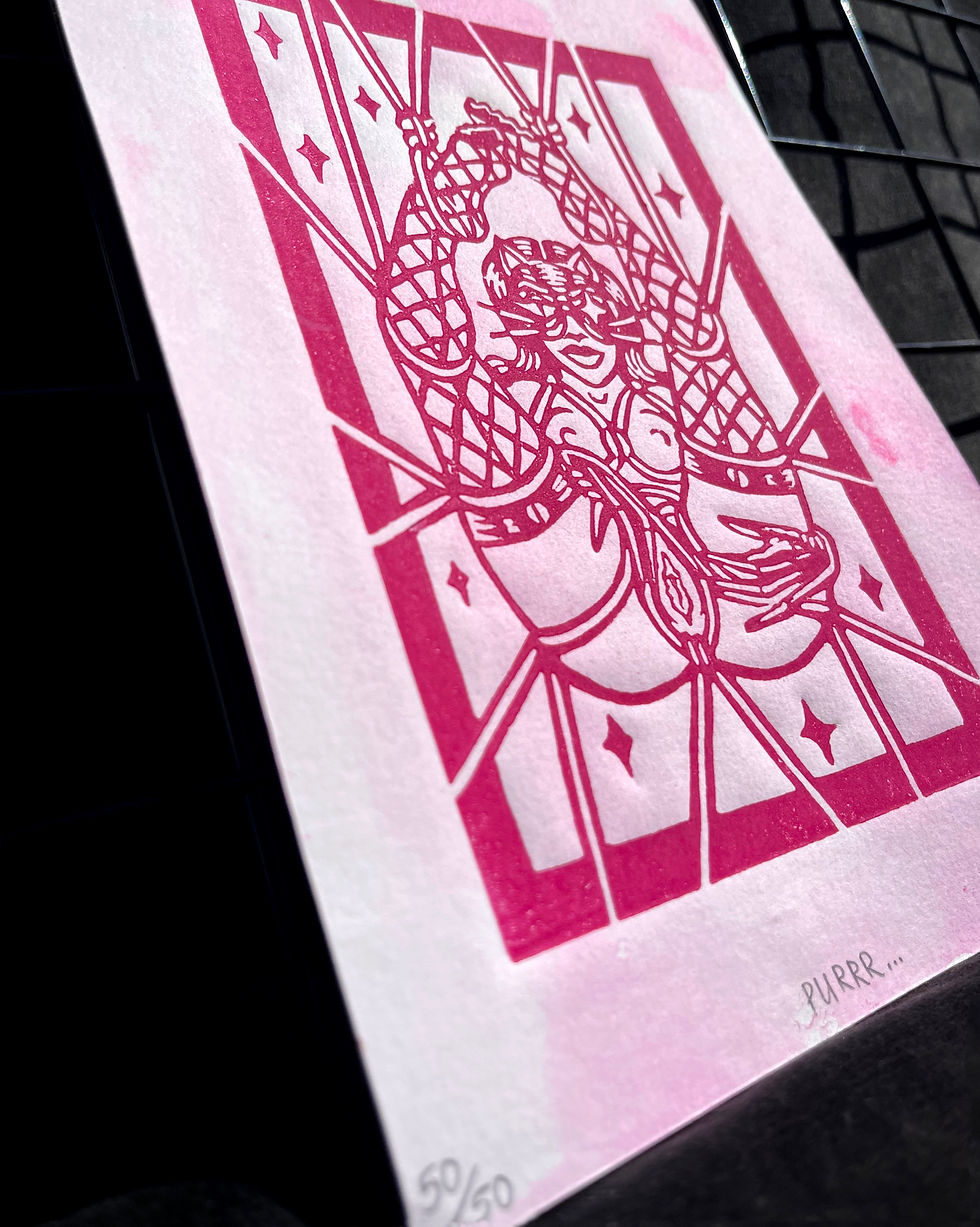 Thumbnail: 'Purrr...', | linocut print