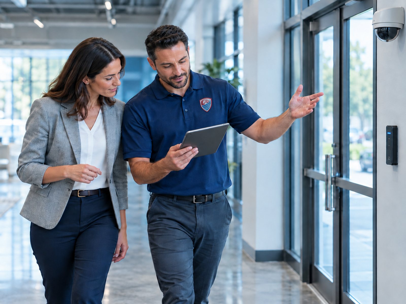 Blue Iron Sentinel project lead, wearing a polo with the embroidered Blue Iron Sentinel shield, walking a client facility with its facilities director, reviewing a tablet together beside an installed camera and access reader