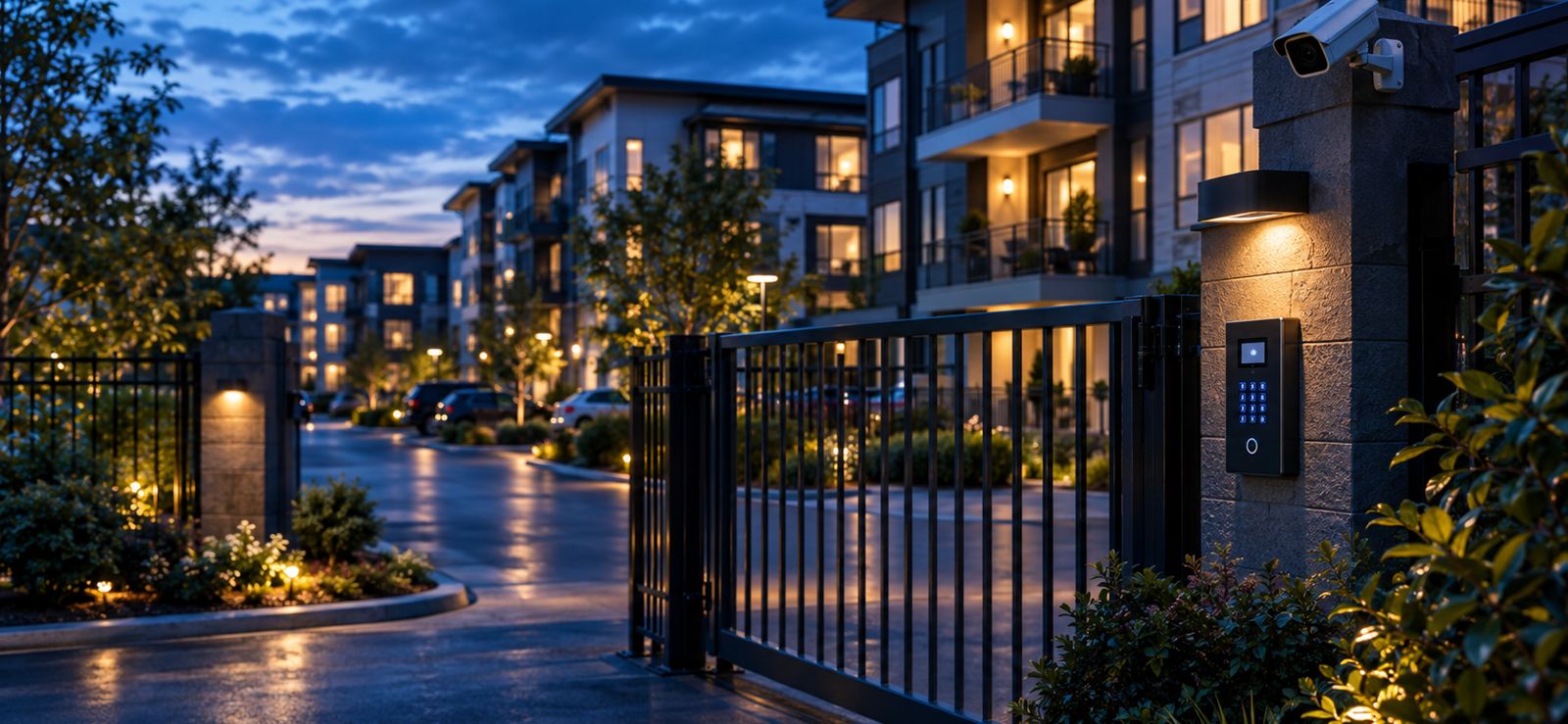 Multifamily apartment community entrance with a secured gate and access control keypad