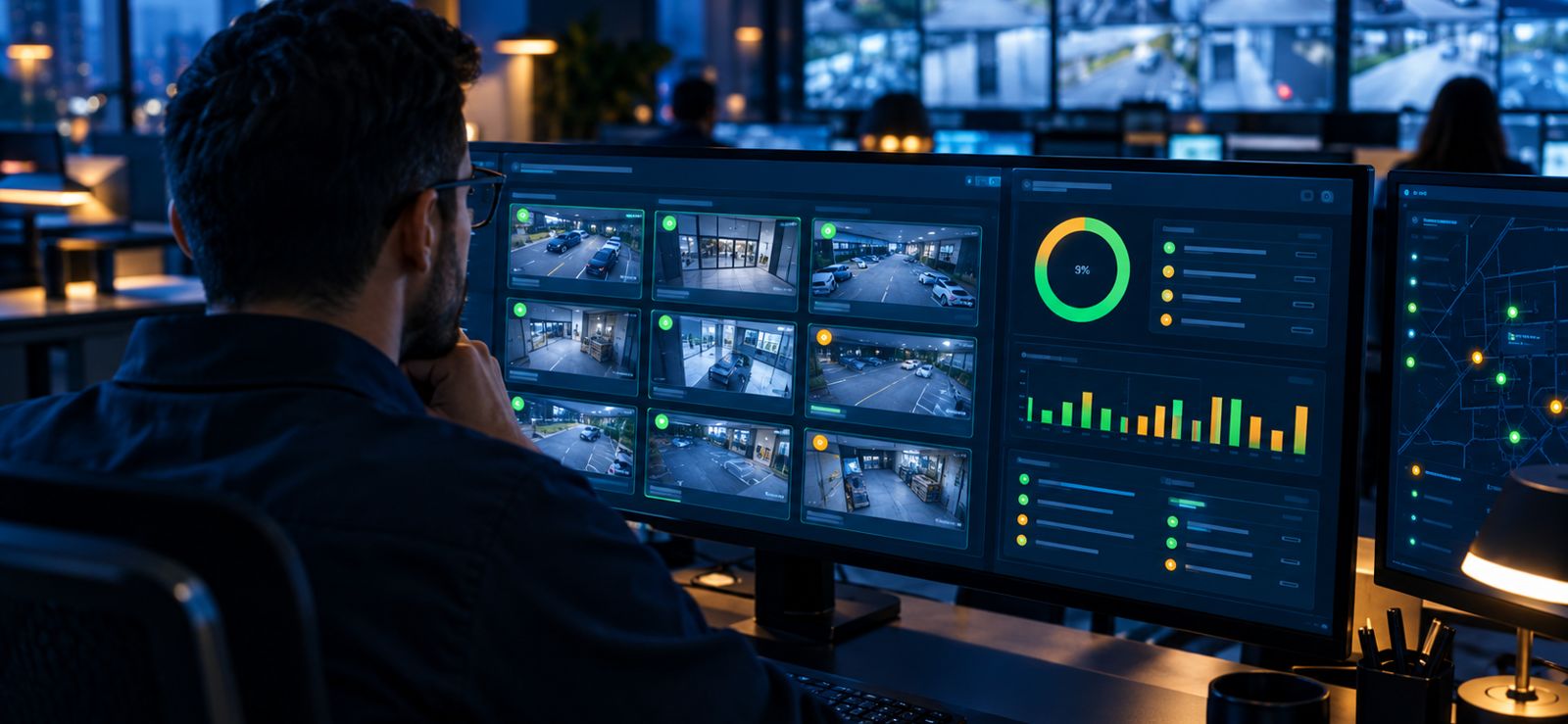 Technician reviewing security system health dashboards