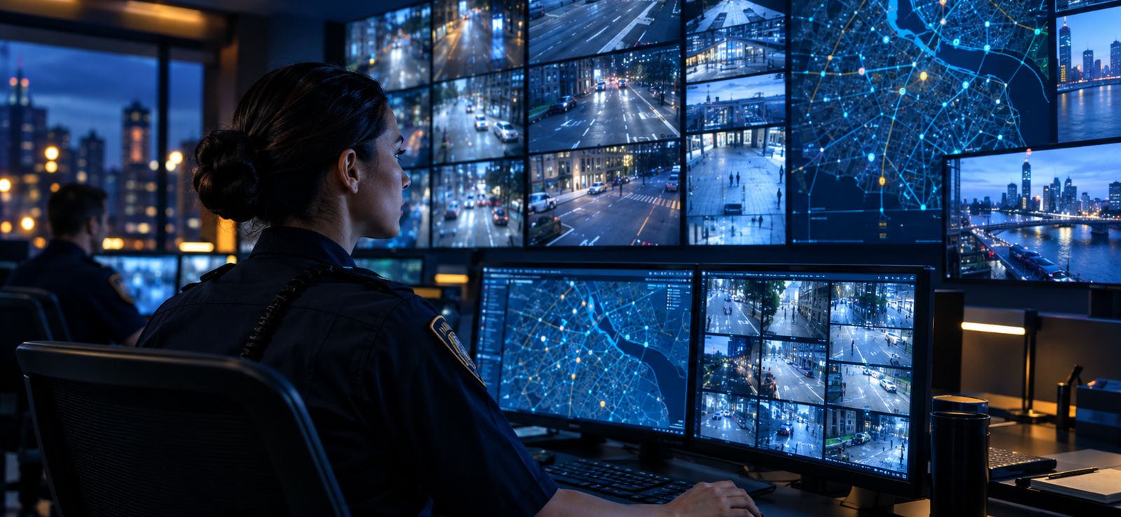 Law enforcement officer in a real-time crime center monitoring a wall of live video feeds
