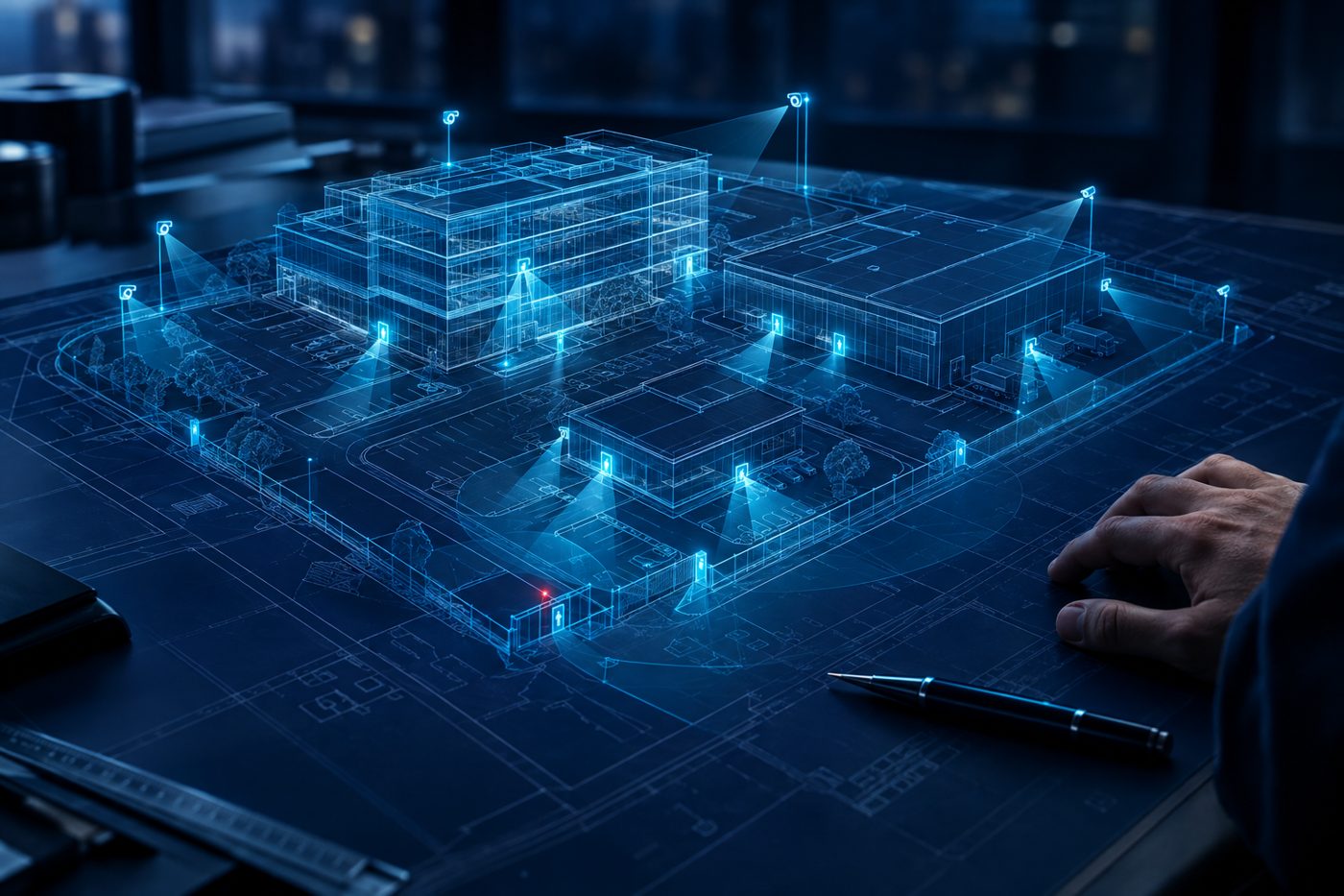 Security design blueprint with a 3D model of a commercial campus showing camera coverage and secured entry points