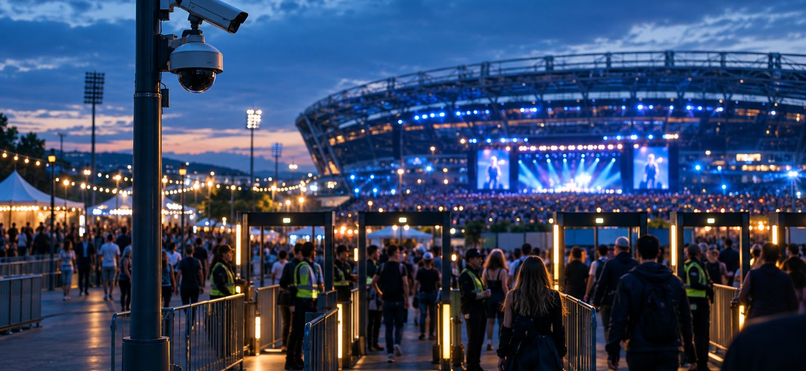 Stadium entry plaza at night with crowds, security staff, and pole-mounted surveillance cameras