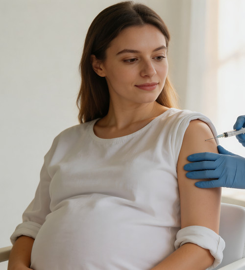 Schwangere Frau erhält Grippeimpfung in den Oberarm – Influenza-Impfung in der Schwangerschaft
