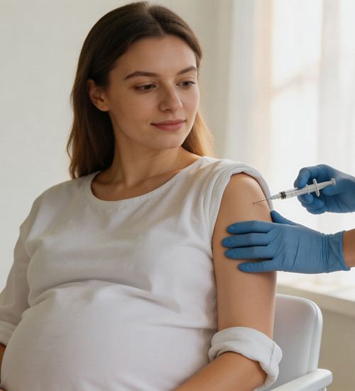 Schwangere Frau erhält Grippeimpfung in den Oberarm – Influenza-Impfung in der Schwangerschaft