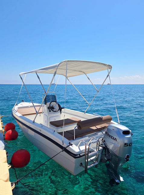 Rental motorboat with white hull, bimini canopy, center console, and brown upholstery. Honda outboard motor visible.