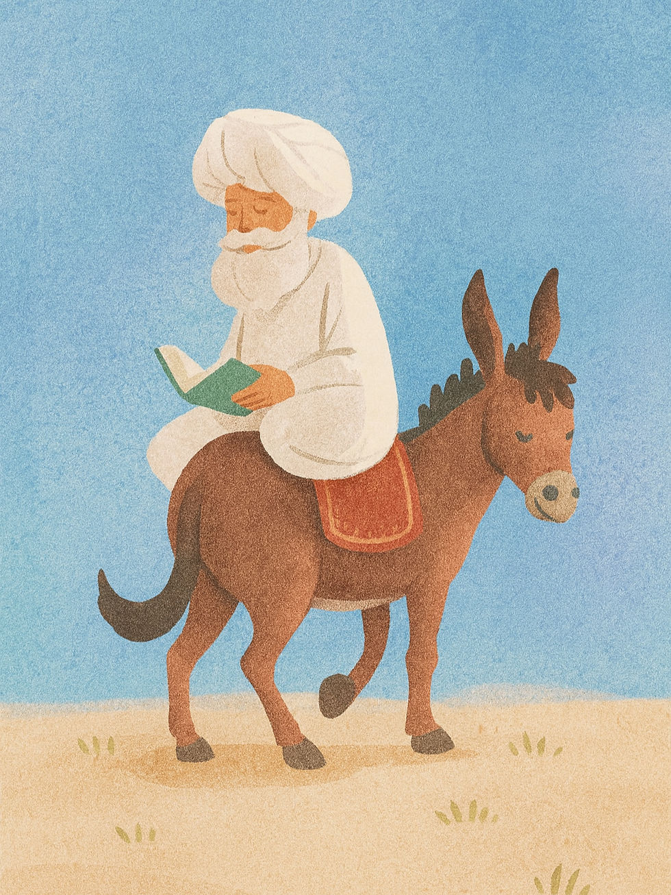 Dibujo de un hombre sentado de espaldas sobre un burro mientras sostiene un libro abierto