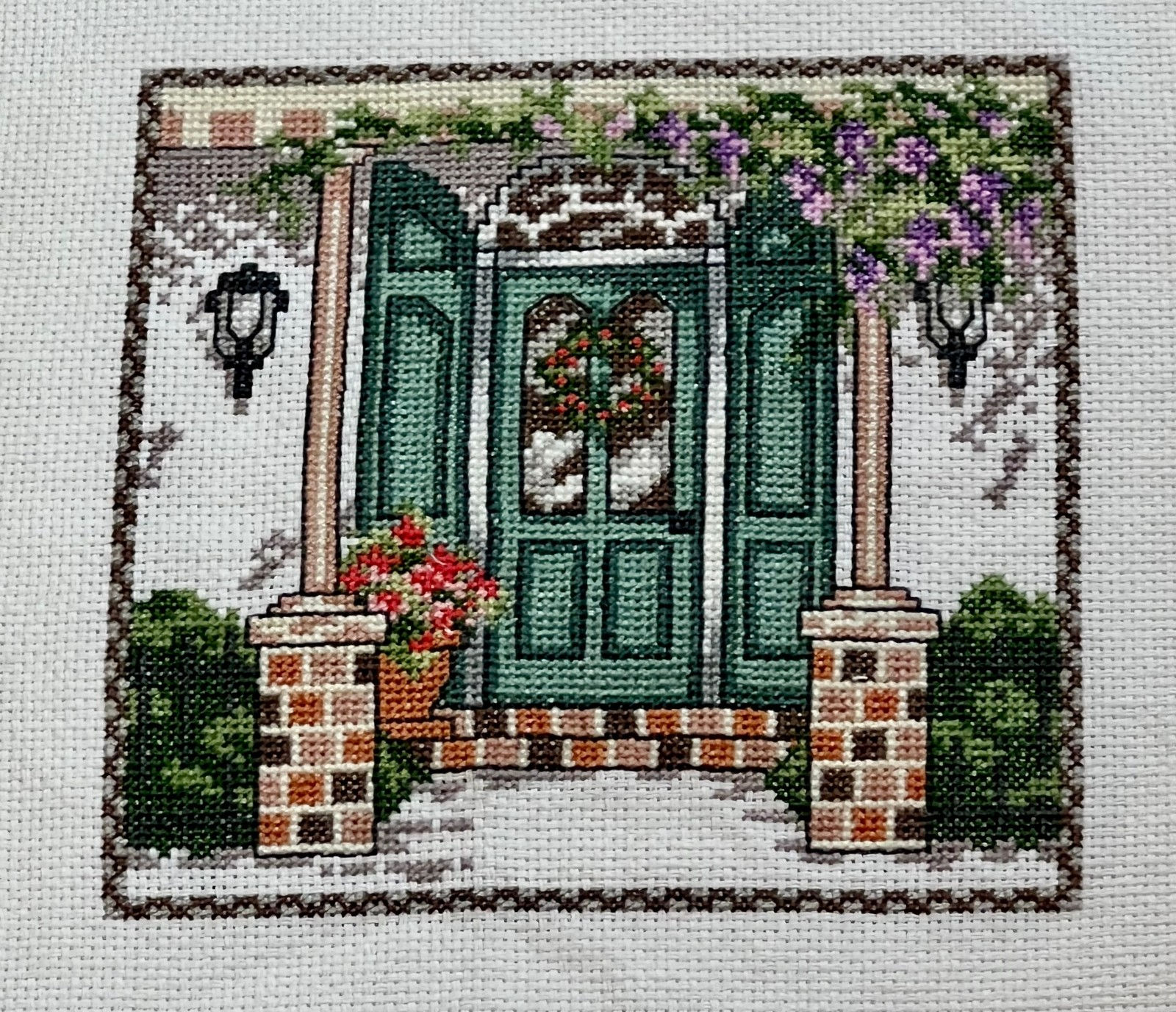 Finished Unframed Green Door Porch Scene Cross Stitch Piece -Stitched 1 Over 1