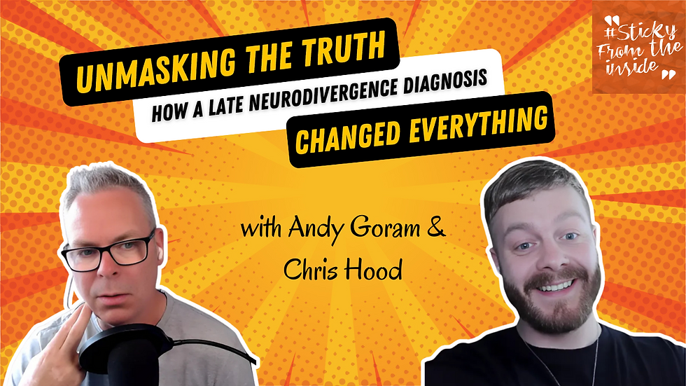 Two men against an orange comic-style background with text: Unmasking the Truth; How a Late Neurodivergence Diagnosis Changed Everything.