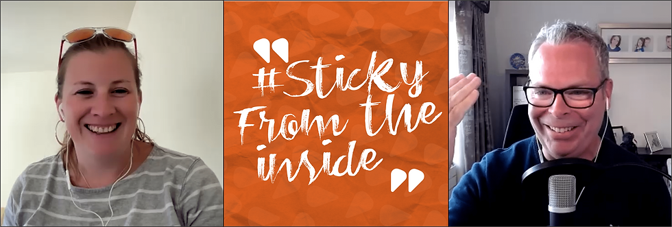 A smiling women and man talking on the Sticky From The Inside Podcast about leadership