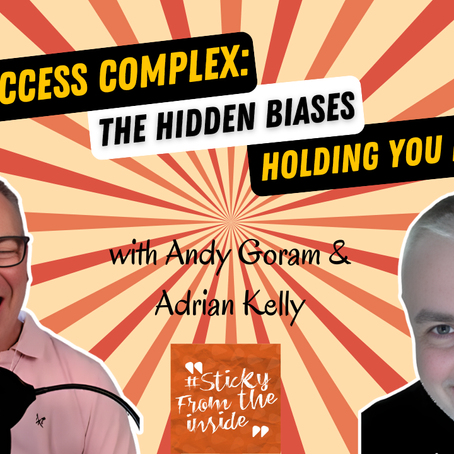 Two smiling men next to text: "The Success Complex: The Hidden Biases Holding You Back" with a vibrant orange-striped background.
