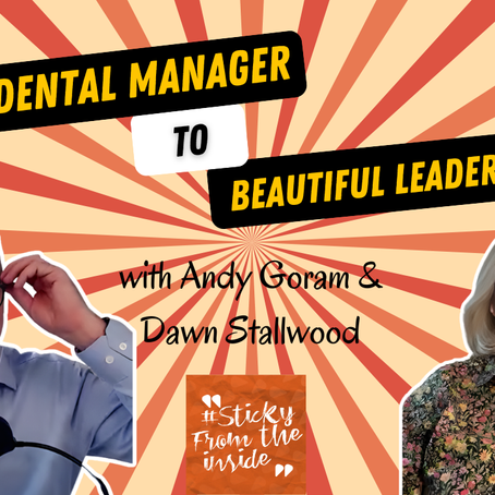 Two people smiling with glasses; text reads "Accidental Manager to Beautiful Leader" over a sunburst background.