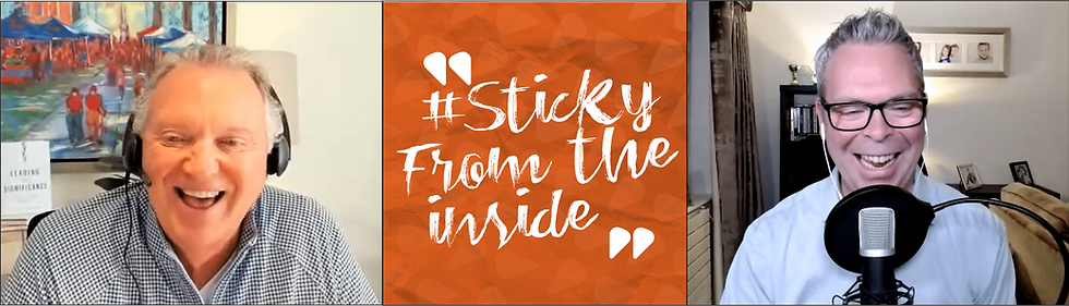 Two grey-haired men smiling as they discuss leadership on the Sticky From The Inside Podcast