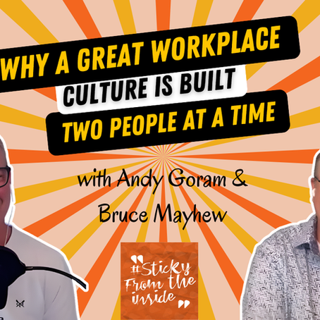 Two smiling men with microphones on orange sunburst background; text: Why a great workplace culture is built two people at a time.