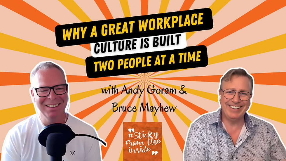 Two smiling men with microphones on orange sunburst background; text: Why a great workplace culture is built two people at a time.