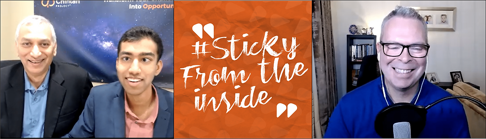 Two smiling Asian men and a smiling podcast host discuss sticky leadership
