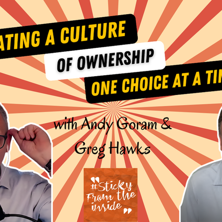 Two men, one playfully pulling ears, the other smiling. Text: "Creating a Culture of Ownership One Choice at a Time." Striped background.