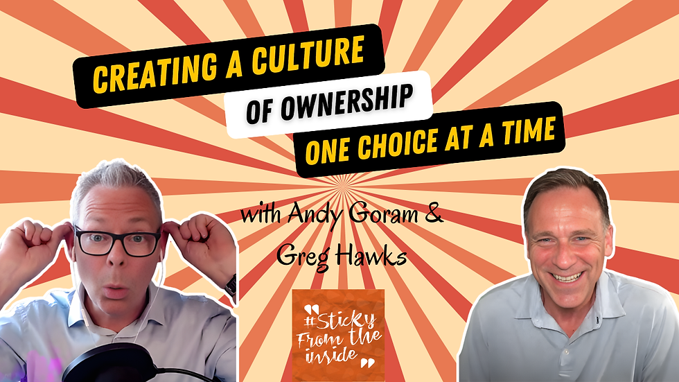 Two men, one playfully pulling ears, the other smiling. Text: "Creating a Culture of Ownership One Choice at a Time." Striped background.