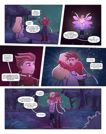 Comic page depicting a boy in red and a girl in a white dress hugging.