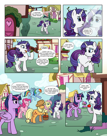 Comic page depicting My Little Pony characters. Rarity looks messy and her friends comfort her.
