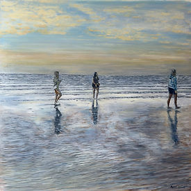 Original acrylic coastal painting of figures walking at low tide in East Sussex by Marcus Cherrill