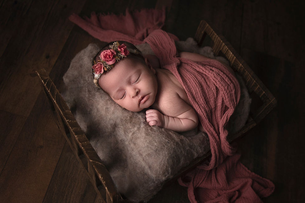 newborn laying on small wooden rustic bed with dark pink drapped fabric
