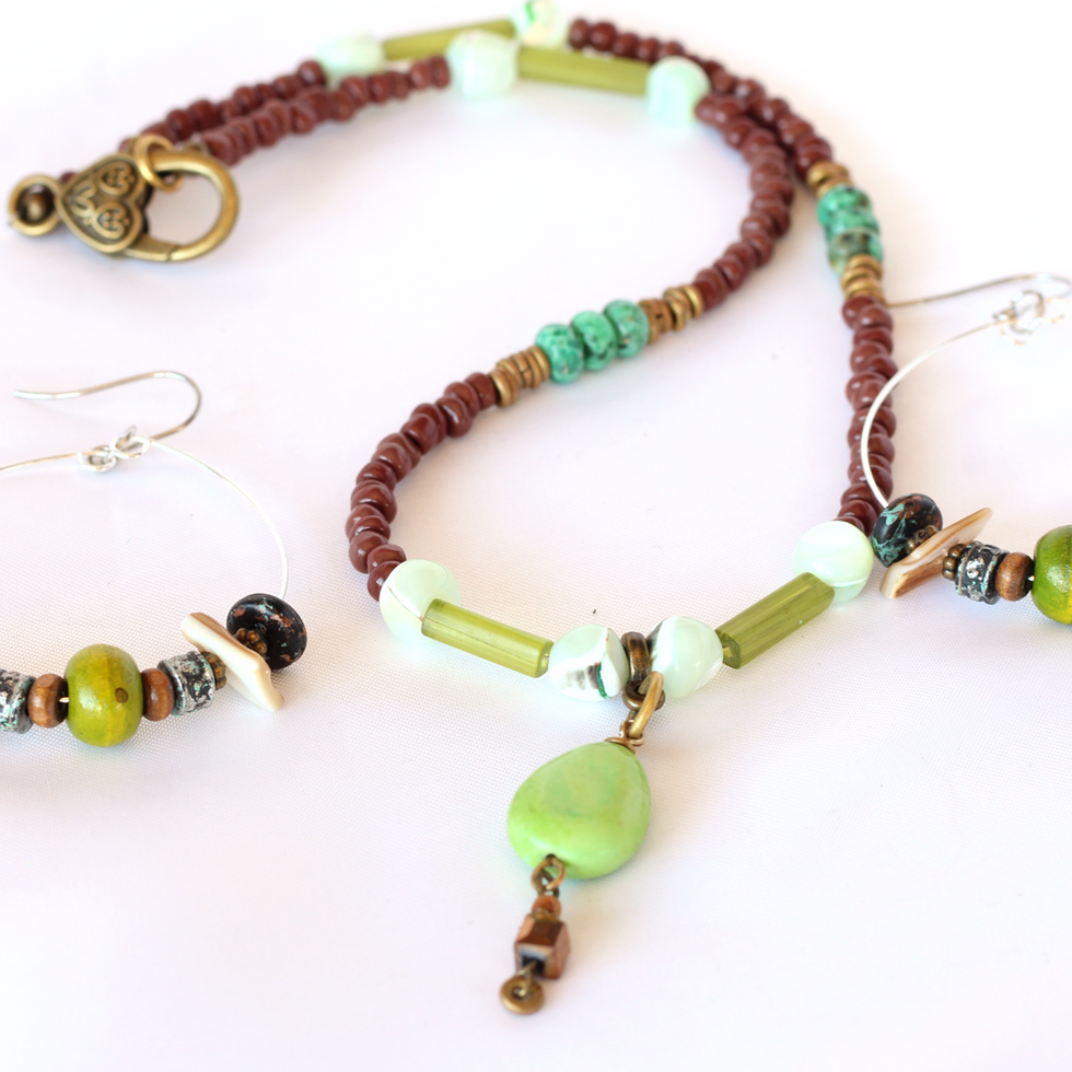 Green and Brown Boho Earrings Bundle with Matching Necklace