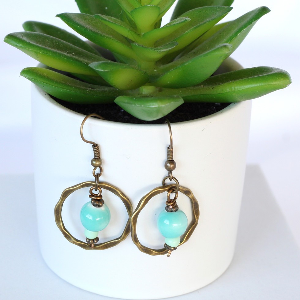Hammered Hoop Boho Earrings with Blue Dangles