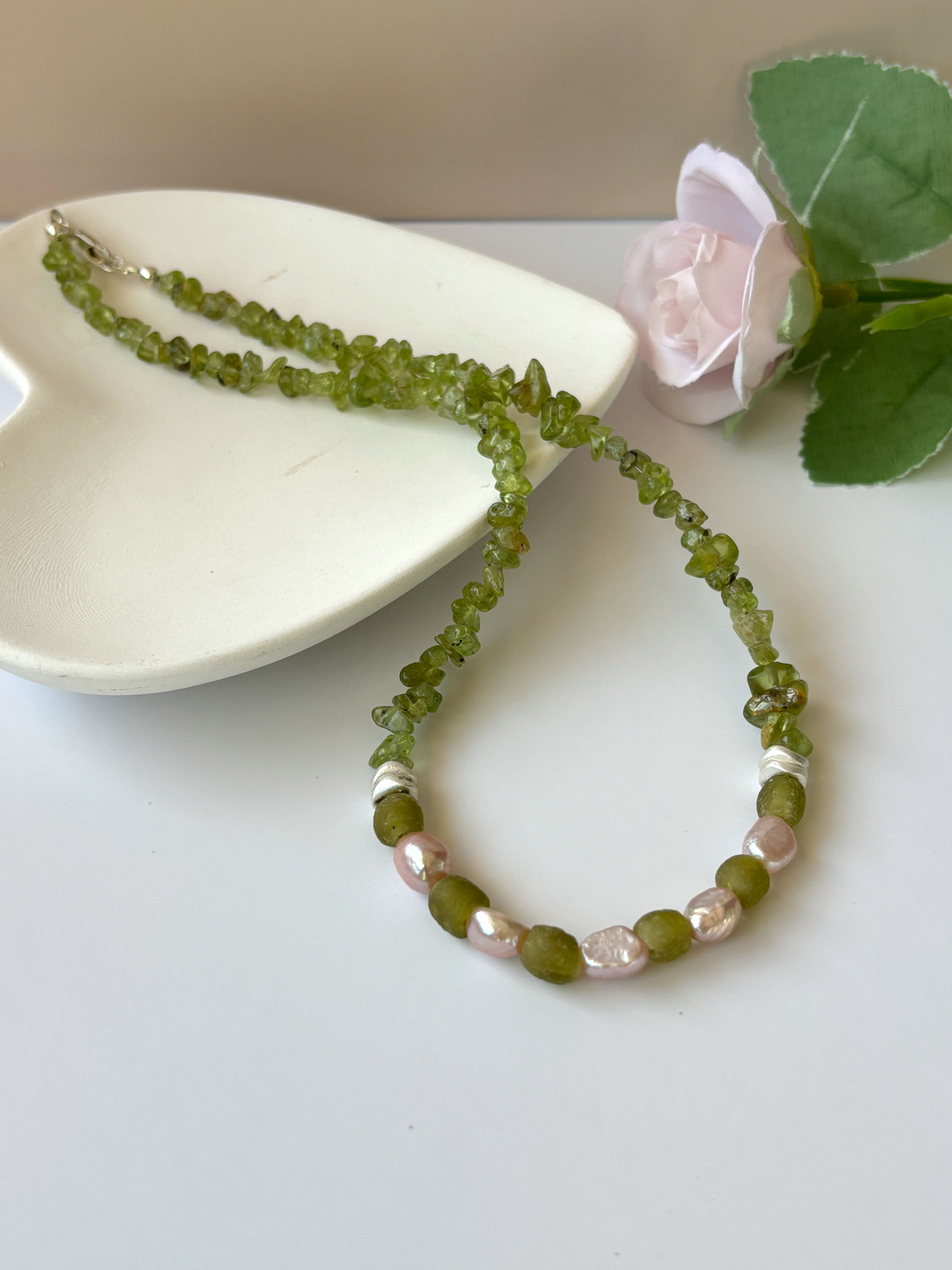 Peridot and freshwater pearl necklace