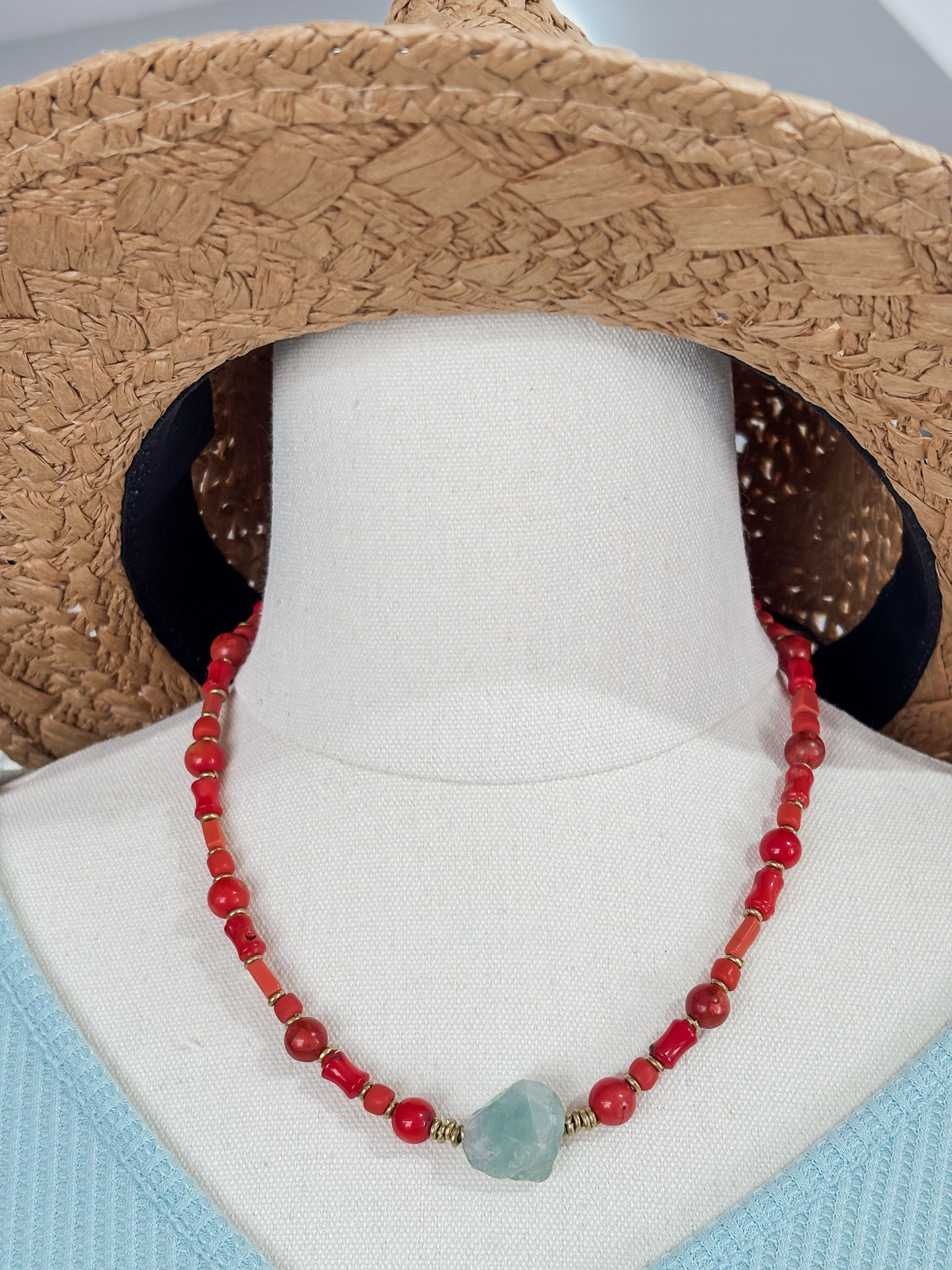 red coral necklace with fluorite