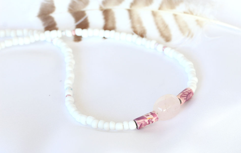 White Beaded Necklace With Rose Quartz Centrepiece