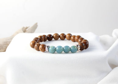 Wooden Beaded Bracelet with Blue Glass Beads