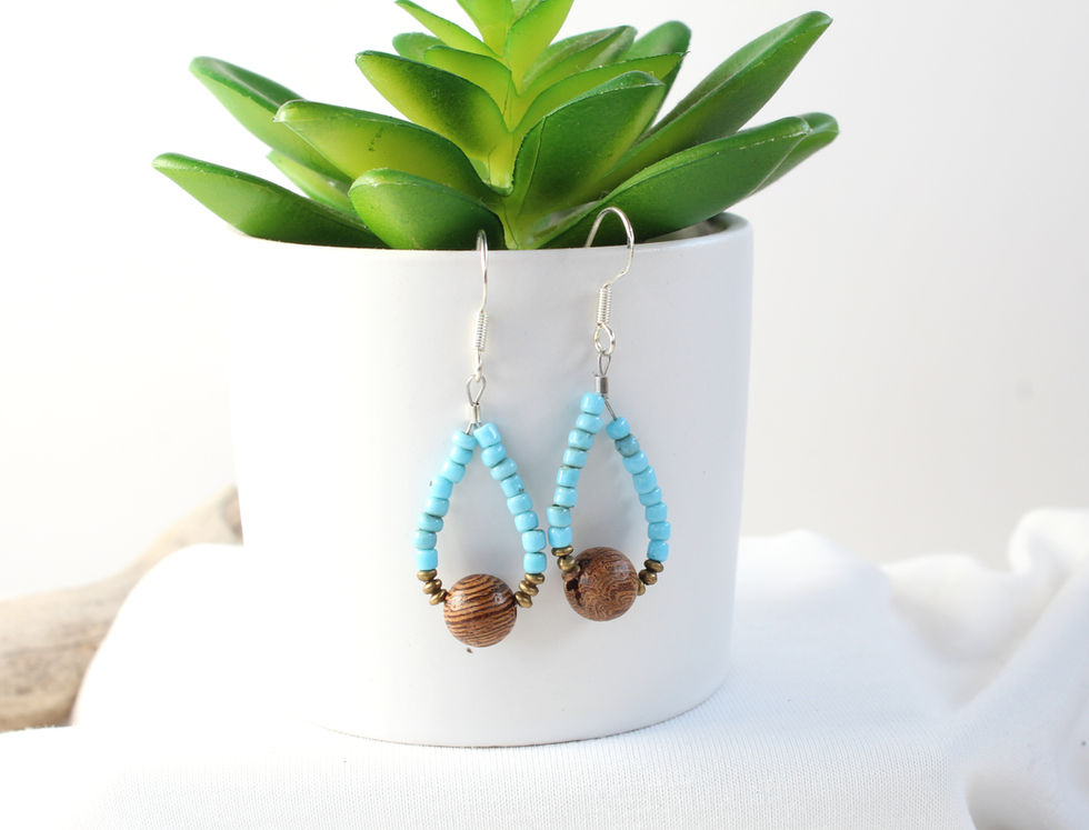Coastal Blue Beaded Earrings - With Wooden Bead