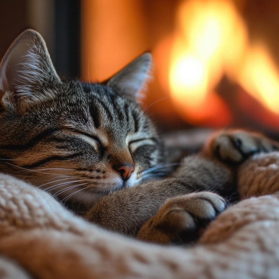 cat cosy by fireplace