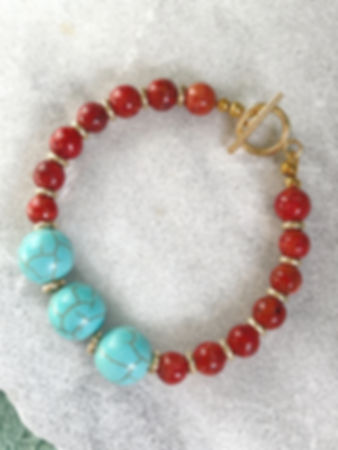 Red and turquoise coral boho bracelet