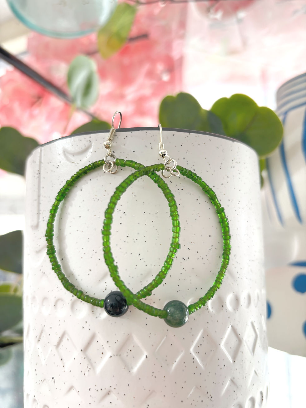 Green Beaded Moss Agate Hoop Earrings