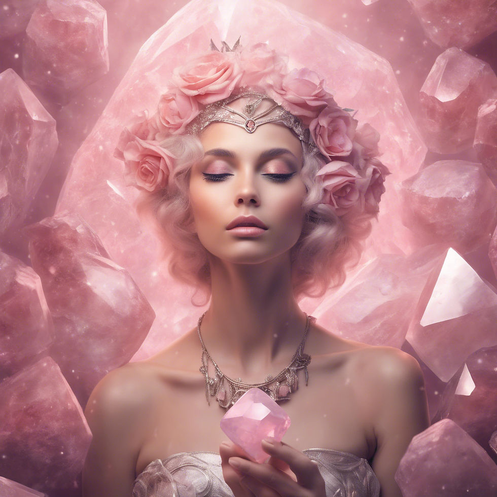 Beautiful woman surrounded by rose quartz crystal.
