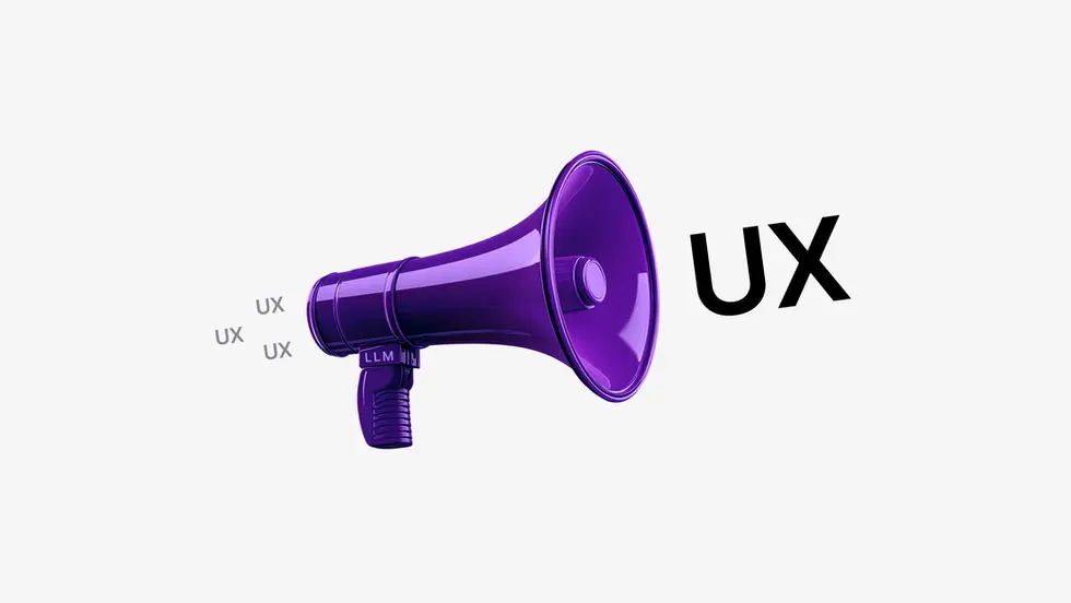 Фіолетовий мегафон з написом LLM на ручці, з якого лунає слово UX. Ця ілюстрація символізує, як великі мовні моделі (LLM) посилюють і поширюють важливість якісного досвіду користувача (UX)